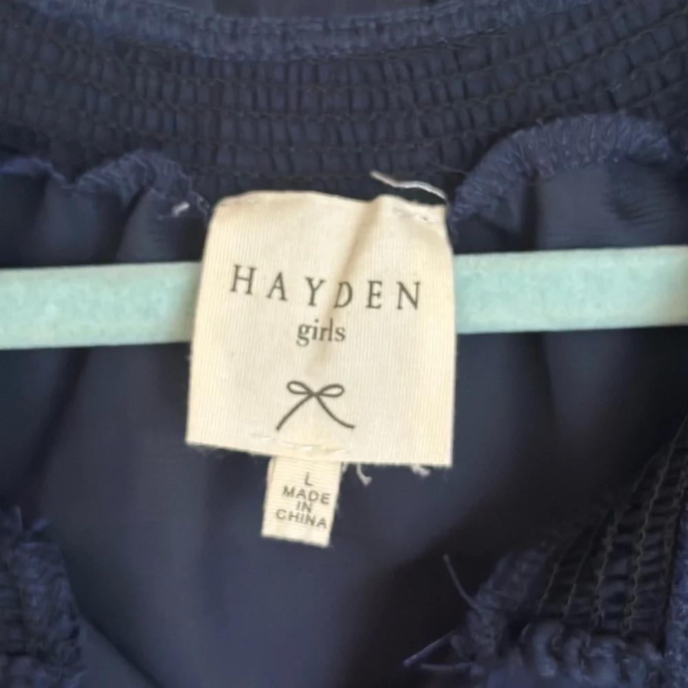 Hayden Girls Smocked Satin Dress Navy Size Large Tie Neck Long Sleeve